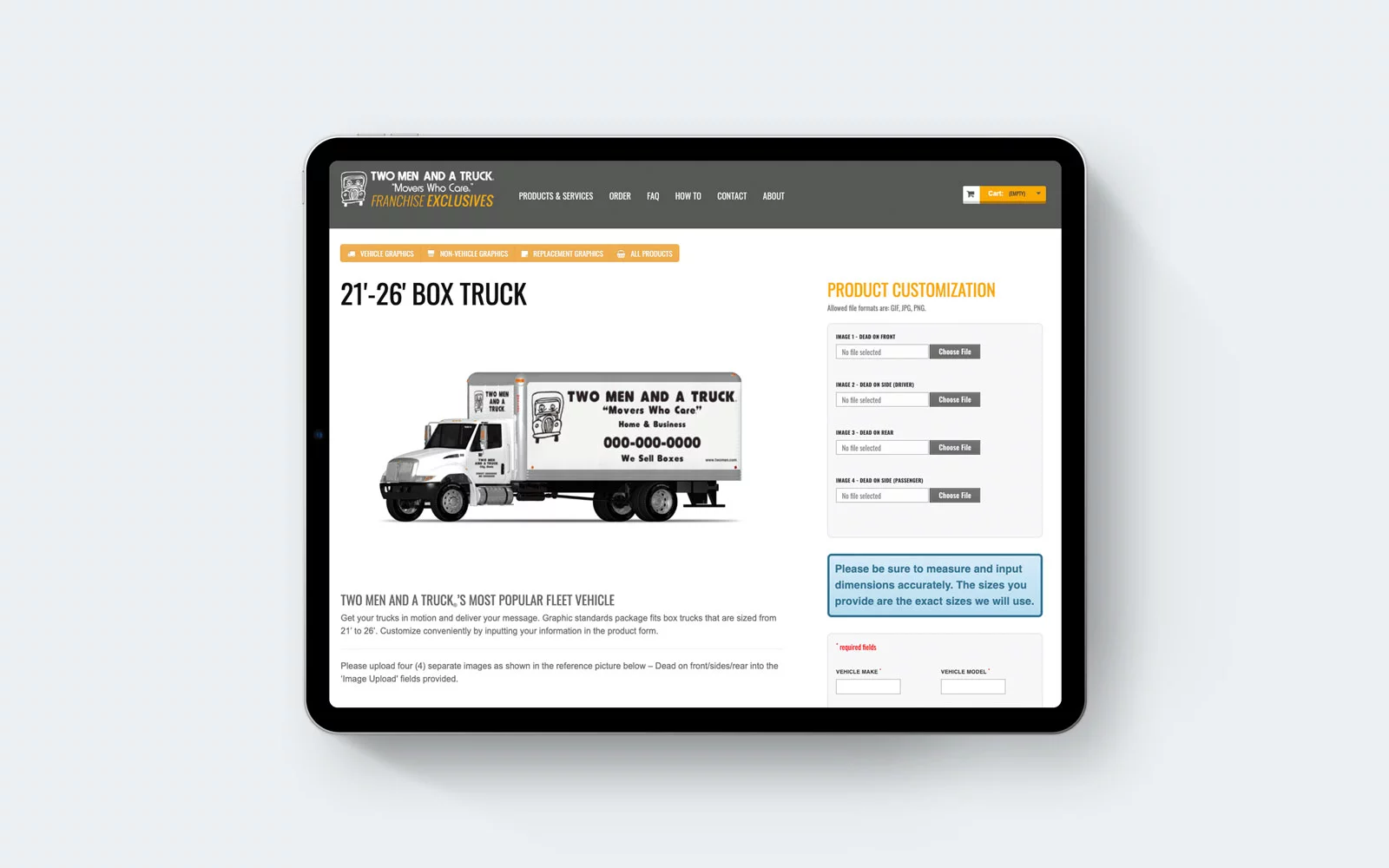 Two Men And A Truck - Vehicle Graphics Website - Tablet view in landscape orientation