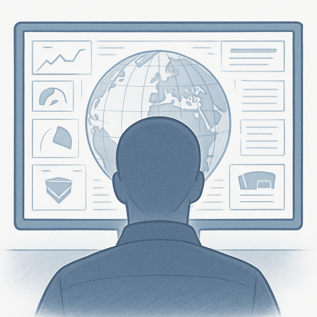 Man sitting at a computer and we are looking over his shoulder