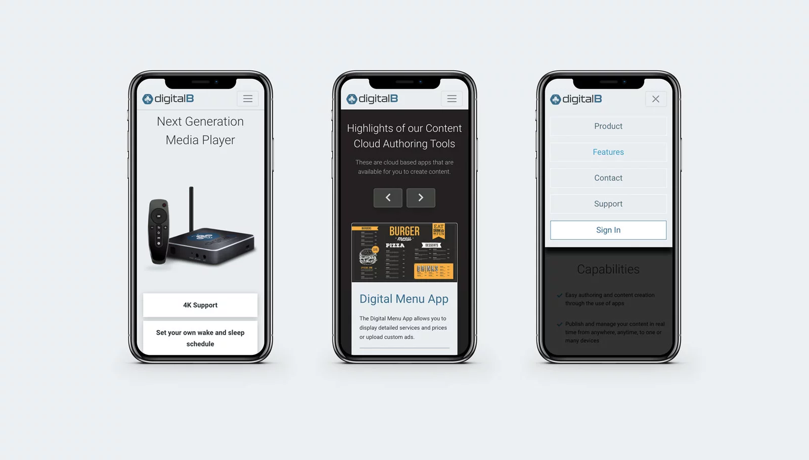 DigitalB Product Website - 3 different mobile views on iPhone in portrait orientation