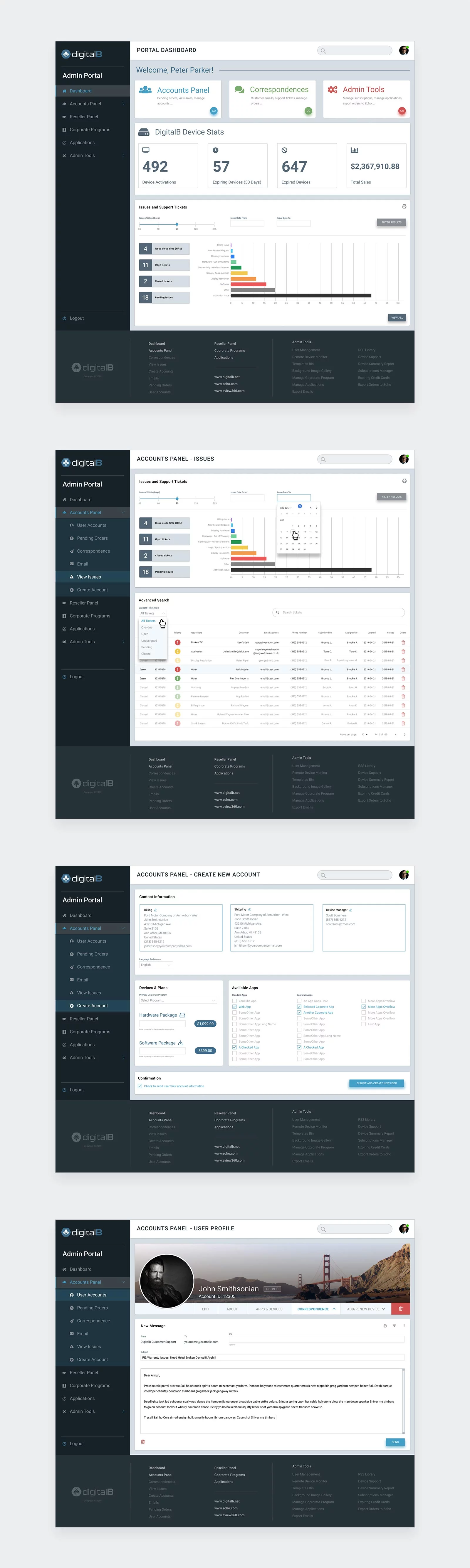 DigitalB Admin Portal Mockup - Full page views of the landing page dashboard, account creation page, issues page and user profile message page