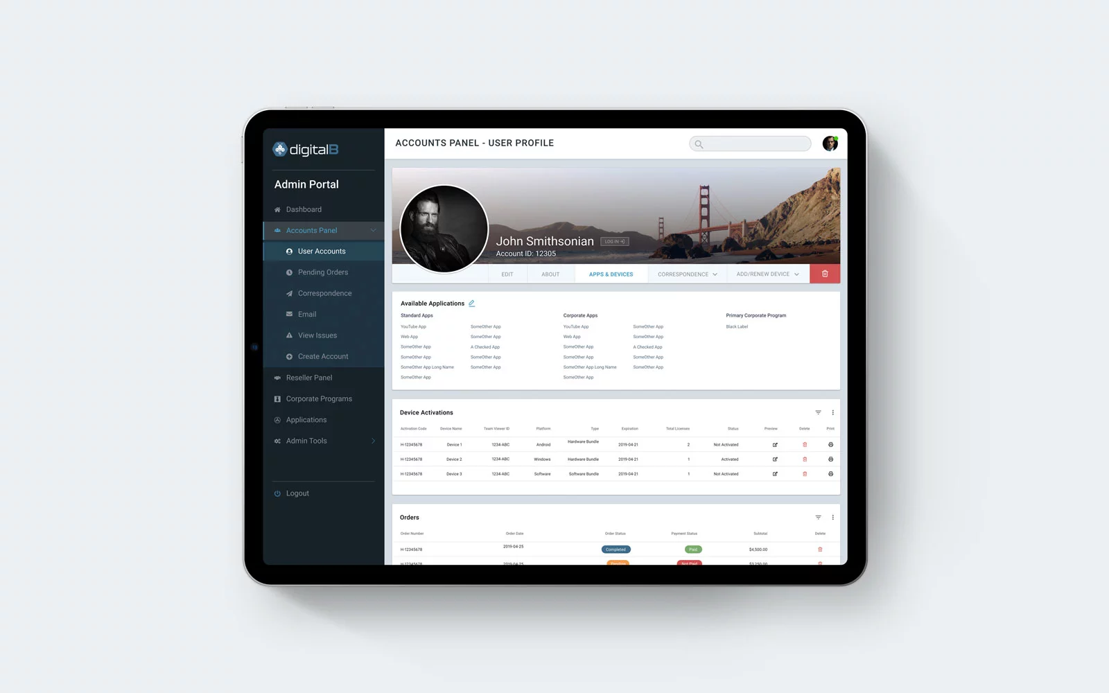 DigitalB Admin Portal Mockup - Tablet view in landscape orientation