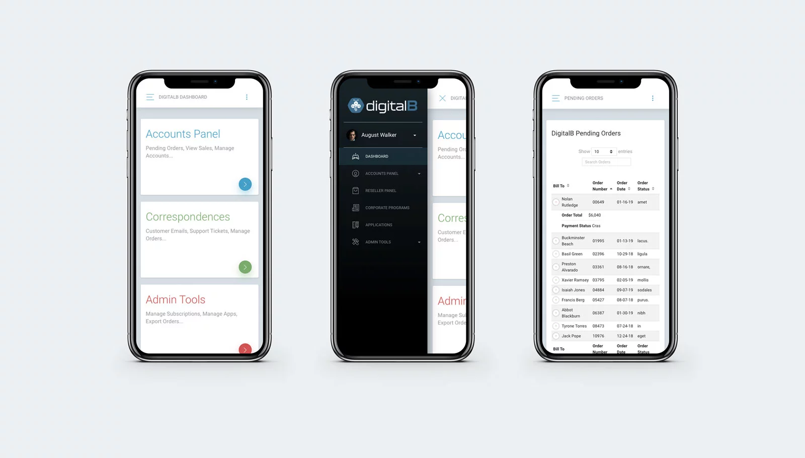 DigitalB Admin Portal Mockup - 3 different mobile views on iPhone in portrait orientation