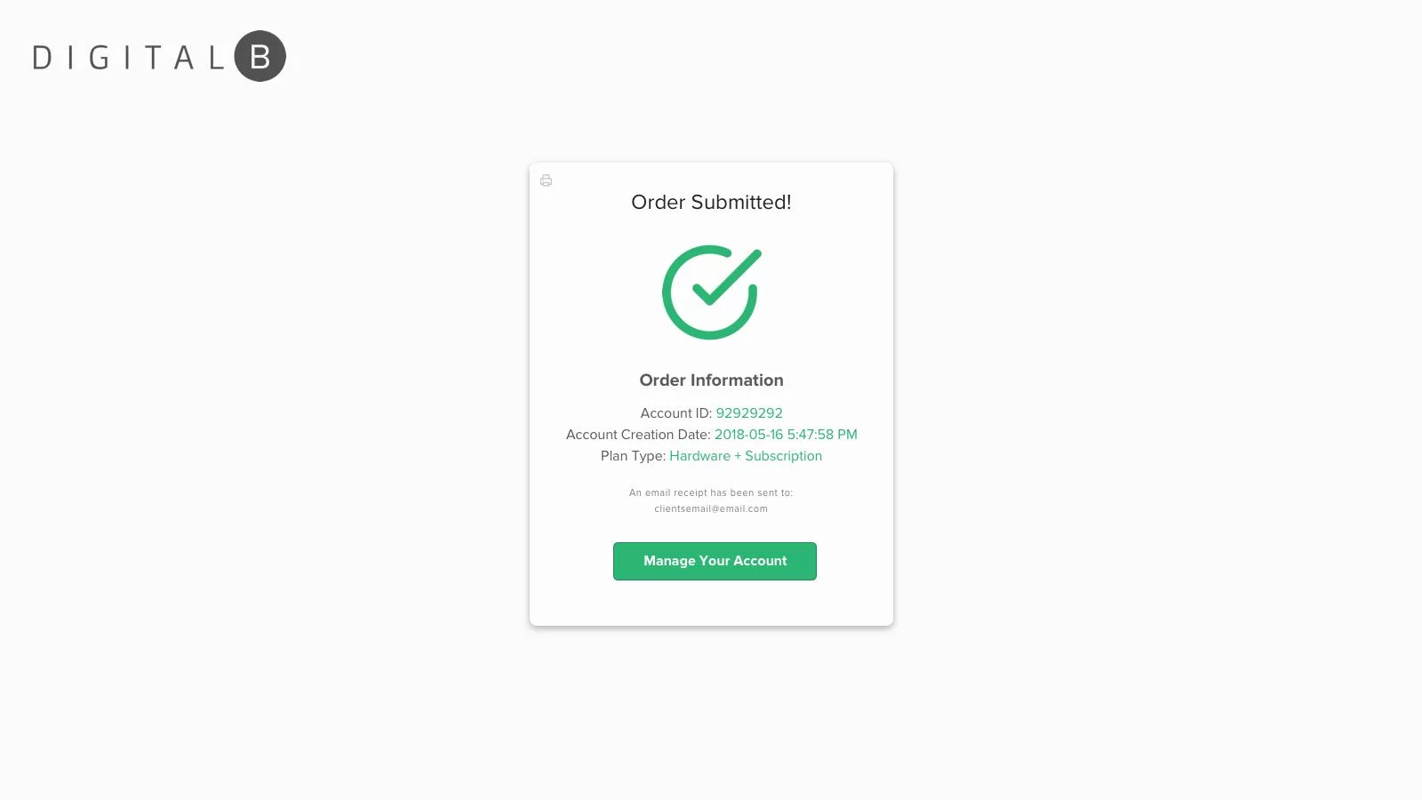 Wireframe - DigitalB Reseller Portal High Fidelity Order Confirmation B (Full Size)