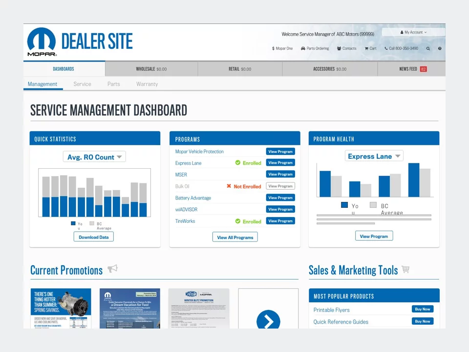 Wireframe - Mopar Dealer Site High Fidelity Dealer Portal Dashboard