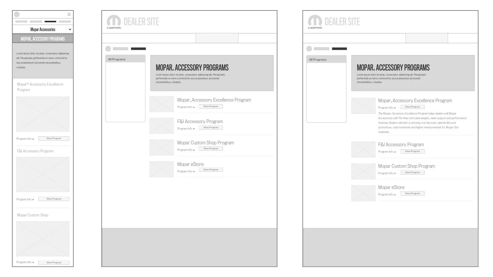 Wireframe - Mopar Dealer Site Low Fidelity Program Selection (Full Size)