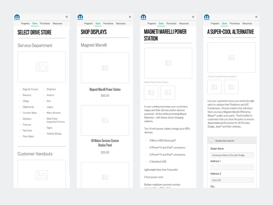 Wireframe - Mopar Dealer Site Low Fidelity Store - Mobile Views